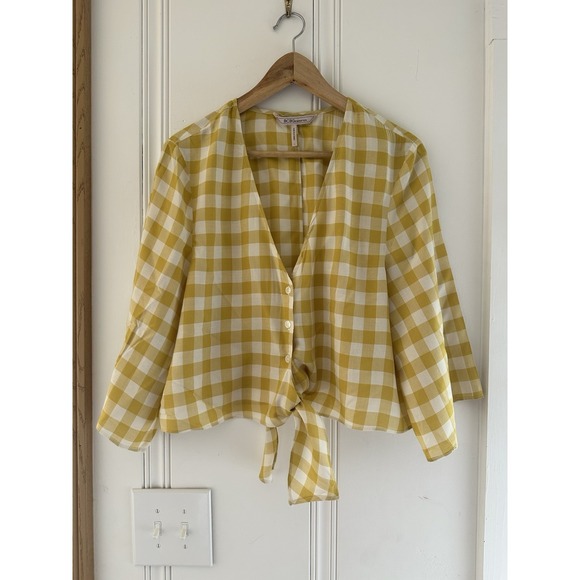 BCBGMaxAzria Tops - BCBGeneration Yellow Gingham Tie Front Blouse Top L Cottagecore Boho